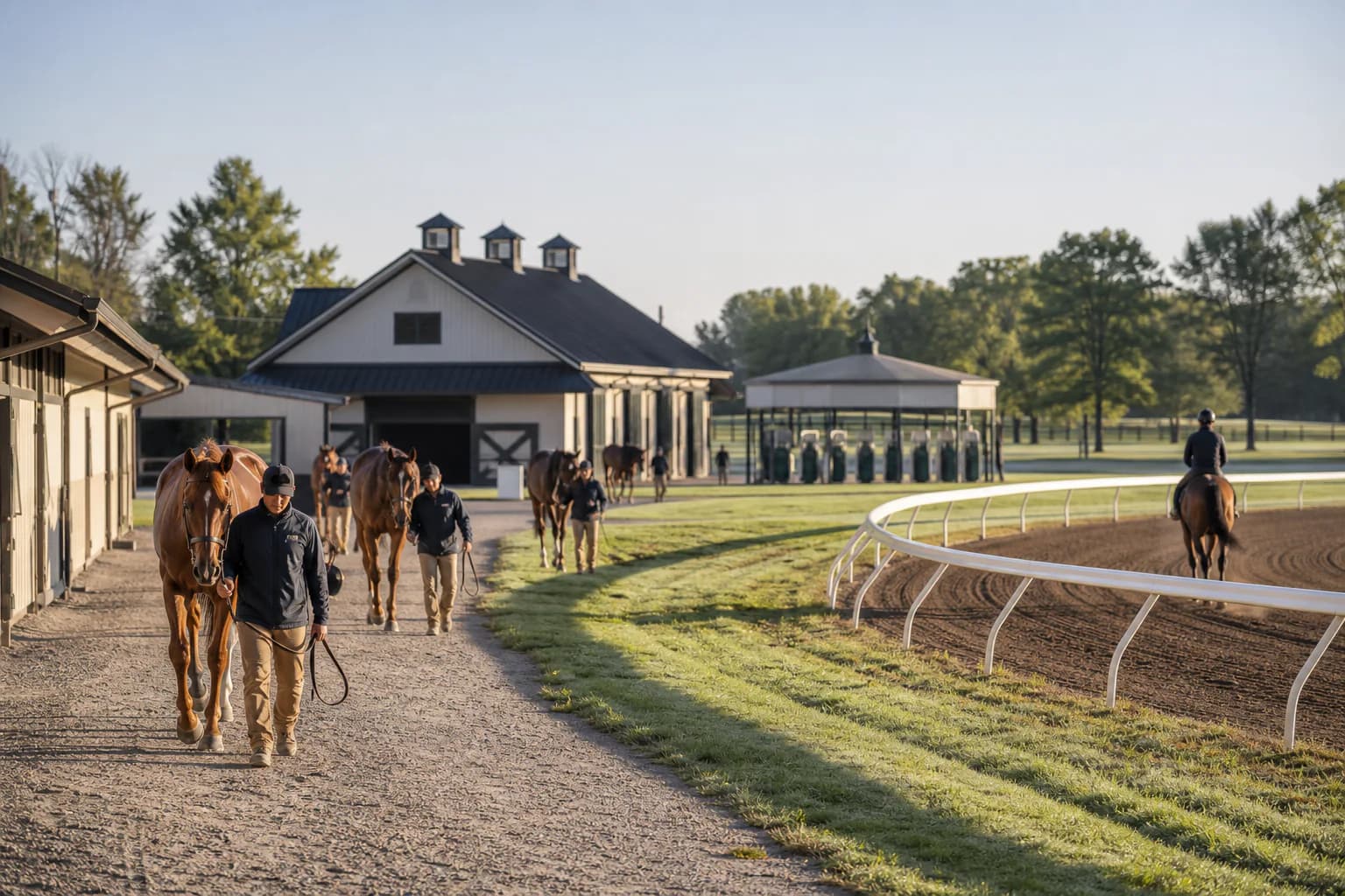 An expansive equestrian facility viewed across the arena grounds